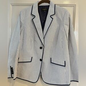 TALBOTS Women’s Seersucker Navy & White Blazer Size 14W EUC